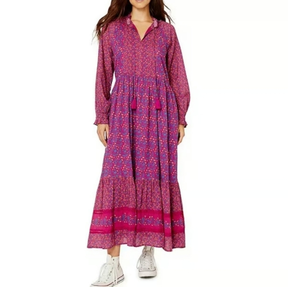 Roller Rabbit Augusta Maxi Dress Floral Garnet Indian Block Print Tiered S